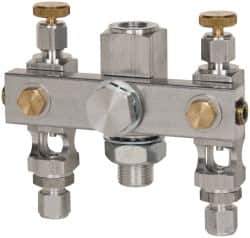 LDI Industries - 5/8-18 Outlet Thread, 1/4 Inlet Thread, Aluminum, Straight Valve, Oil Reservoir Needle Valve Manifold - 2 Outlet, 4-3/16" Wide, NPTF Inlet Thread, UNF Outlet Thread - Exact Industrial Supply