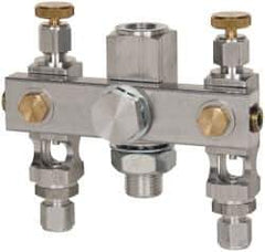 LDI Industries - 5/8-18 Outlet Thread, 1/4 Inlet Thread, Aluminum, Straight Valve, Oil Reservoir Needle Valve Manifold - 2 Outlet, 4-3/16" Wide, NPTF Inlet Thread, UNF Outlet Thread - Exact Industrial Supply