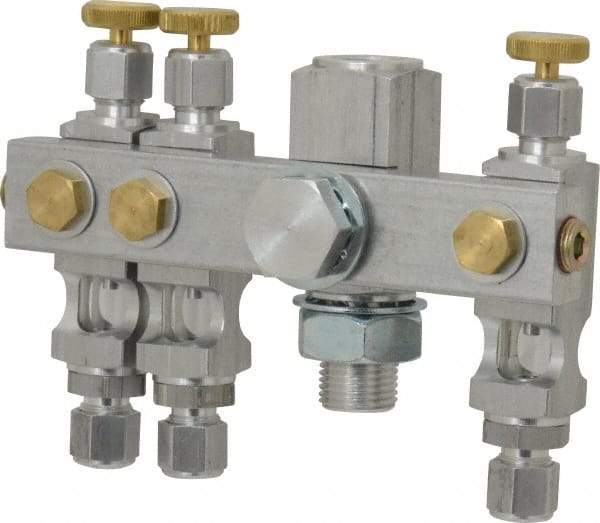 LDI Industries - 5/8-18 Outlet Thread, 1/4 Inlet Thread, Aluminum, Straight Valve, Oil Reservoir Needle Valve Manifold - 3 Outlet, 4-15/16" Wide, NPTF Inlet Thread, UNF Outlet Thread - Exact Industrial Supply