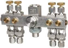 LDI Industries - 5/8-18 Outlet Thread, 1/4 Inlet Thread, Aluminum, Straight Valve, Oil Reservoir Needle Valve Manifold - 4 Outlet, 5-11/16" Wide, NPTF Inlet Thread, UNF Outlet Thread - Exact Industrial Supply