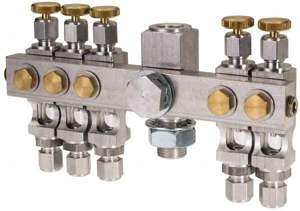 LDI Industries - 5/8-18 Outlet Thread, 1/4 Inlet Thread, Aluminum, Straight Valve, Oil Reservoir Needle Valve Manifold - 5 Outlet, 6-7/16" Wide, NPTF Inlet Thread, UNF Outlet Thread - Exact Industrial Supply