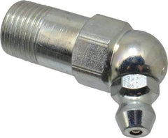 Alemite - 65° Head Angle, 1/8 PTF Carbon Steel Standard Grease Fitting - 7/16" Hex, 1-7/32" Overall Height, 9/16" Shank Length, 10,000 Operating psi, Zinc Plated Finish - Exact Industrial Supply