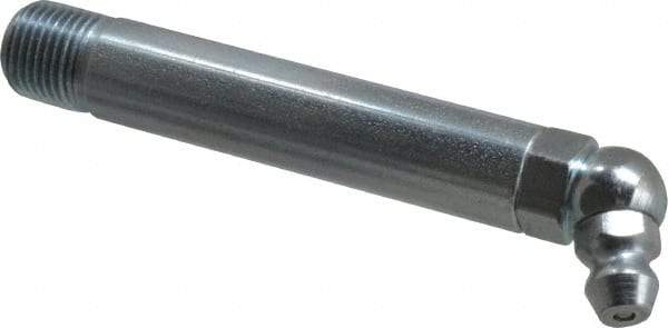 Alemite - 65° Head Angle, 1/8 PTF Carbon Steel Standard Grease Fitting - 3/8" Hex, 2-3/4" Overall Height, 2-1/4" Shank Length, 10,000 Operating psi, Zinc Plated Finish - Exact Industrial Supply