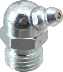 Alemite - 67.5° Head Angle, 1/4 PTF Carbon Steel Standard Grease Fitting - 9/16" Hex, 31/32" Overall Height, 11/32" Shank Length, 10,000 Operating psi, Zinc Plated Finish - Exact Industrial Supply