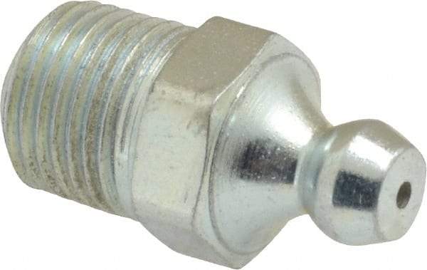 Alemite - Straight Head Angle, 1/8 PTF Steel Leakproof Grease Fitting - 7/16" Hex, 29/32" Overall Height, 25/64" Shank Length, 5,000 Operating psi, Zinc Plated Finish - Exact Industrial Supply