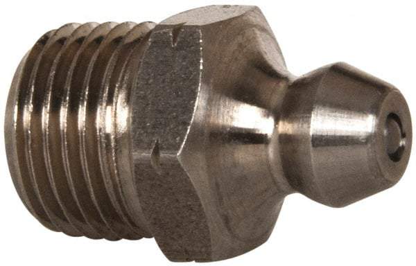 Alemite - Straight Head Angle, 1/4-28 Taper Nickel/Copper Standard Grease Fitting - 5/16" Hex, 17/32" Overall Height, 3/16" Shank Length - Exact Industrial Supply