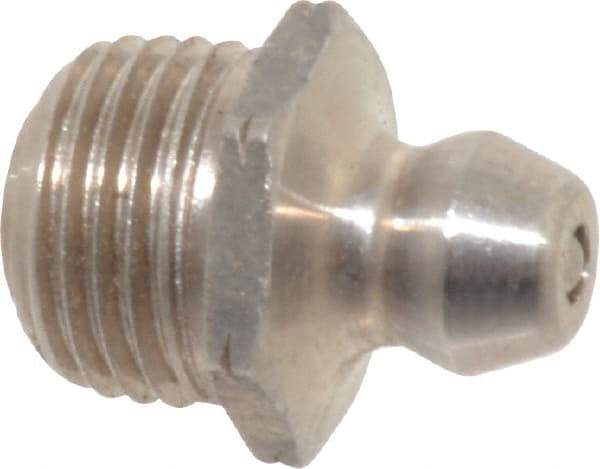 Alemite - Straight Head Angle, 1/8 PTF Nickel/Copper Standard Grease Fitting - 7/16" Hex, 5/8" Overall Height, 9/32" Shank Length - Exact Industrial Supply