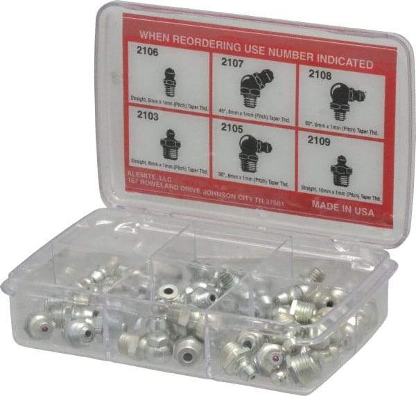 Alemite - 44 Piece, Metric, Box Grease Fitting Set - Includes Metric Thread Types, Includes M10x1: (10) Straight, M6x1: (10) Straight, (6) 45°, (6) 90°, M8x1: (6) Straight, (6) 90° - Exact Industrial Supply