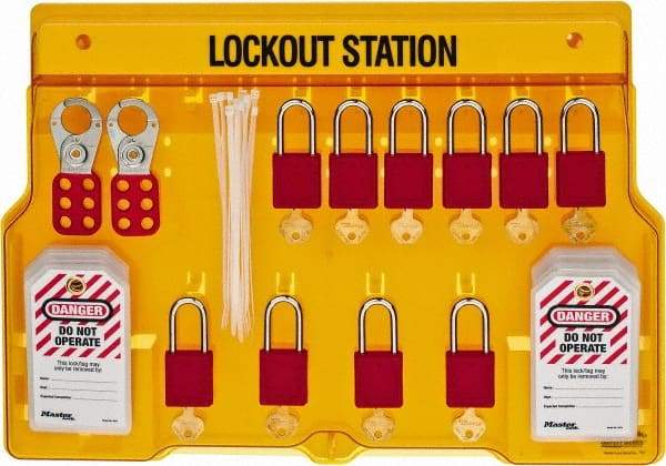 Master Lock - 14 Piece, Equipped Polycarbonate Padlock Station - 22 Inch Wide x 15-1/2 Inch High x 1-3/4 Inch Deep, Black on Yellow, Covered - Exact Industrial Supply