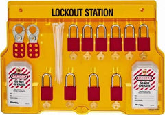 Master Lock - 14 Piece, Equipped Polycarbonate Padlock Station - 22 Inch Wide x 15-1/2 Inch High x 1-3/4 Inch Deep, Black on Yellow, Covered - Exact Industrial Supply