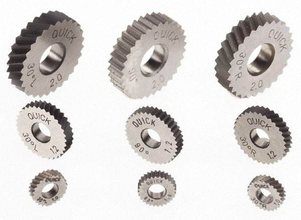 Value Collection - 11/32" Diam, 90° Tooth Angle, 42 TPI, Standard (Shape), Cut Type Powdered Metal High Speed Steel Straight Knurl Wheel - 0.099" Face Width, Circular Pitch, Bright Finish - Exact Industrial Supply
