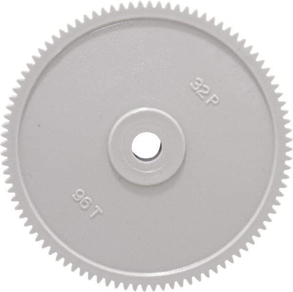 Made in USA - 32 Pitch, 3" Pitch Diam, 3-1/16" OD, 96 Tooth Spur Gear - 3/16" Face Width, 5/16" Bore Diam, 13/16" Hub Diam, 20° Pressure Angle, Acetal - Exact Industrial Supply