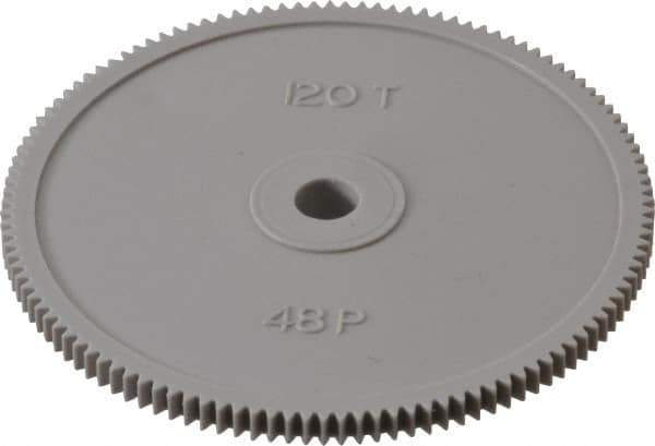 Made in USA - 48 Pitch, 2-1/2" Pitch Diam, 2.542" OD, 120 Tooth Spur Gear - 1/8" Face Width, 1/4" Bore Diam, 39/64" Hub Diam, 20° Pressure Angle, Acetal - Exact Industrial Supply