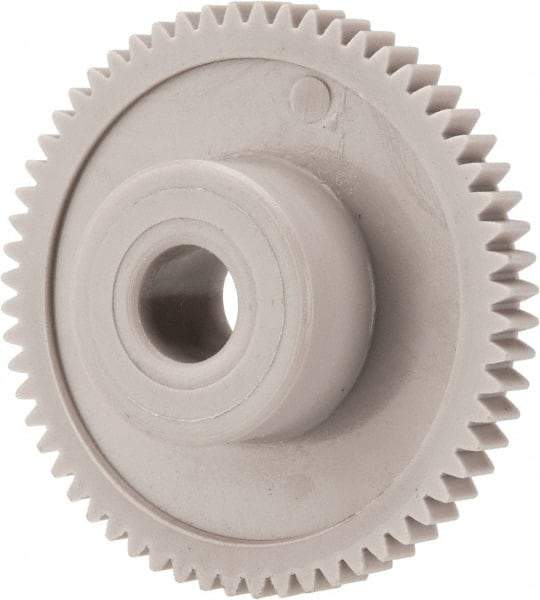 Made in USA - 48 Pitch, 1-1/4" Pitch Diam, 1.292" OD, 60 Tooth Spur Gear - 1/8" Face Width, 1/4" Bore Diam, 39/64" Hub Diam, 20° Pressure Angle, Acetal - Exact Industrial Supply