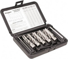 Hougen - 8 Piece, 9/16 to 1-1/16" Cutter Diam, 2" Cutting Depth, High Speed Steel Annular Cutter Set - Bright Finish, 3/4" Shank Diam, 9/16, 11/16, 13/16, 15/16, 1-1/16" Cutter Diams, 2 Flats on Shank - Exact Industrial Supply