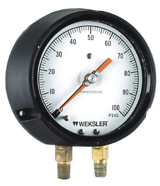 Weksler Instruments - 4-1/2" Dial, 1/4 Thread, 300-0-300 Scale Range, Pressure Gauge - Lower Connection, Rear Flange Connection Mount - Exact Industrial Supply