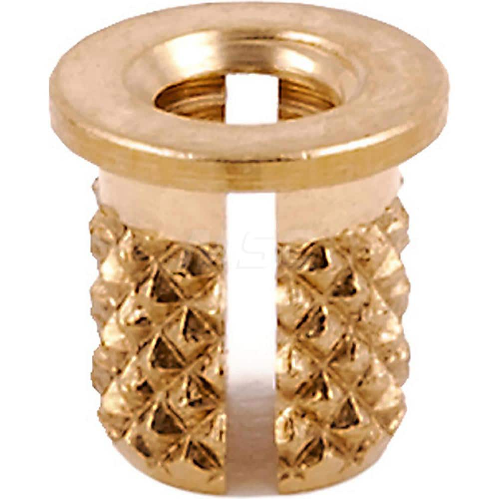 Press Fit Threaded Inserts; Product Type: Flanged; Material: Brass; Drill Size: 0.1560; Finish: Uncoated; Thread Size: M3; Thread Pitch: 0.5; Hole Diameter (Decimal Inch): 0.1560; Insert Diameter: .166; For Use On: Plastic; Overall Length: 0.19; Material