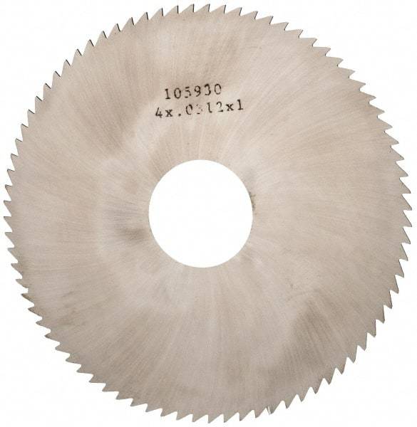 Made in USA - 4" Diam x 0.0312" Blade Thickness x 1" Arbor Hole Diam, 80 Tooth Slitting and Slotting Saw - Arbor Connection, Right Hand, Uncoated, Solid Carbide, 5° Rake, Concave Ground - Exact Industrial Supply