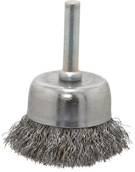Made in USA - 1-3/4" Diam, 1/4" Shank Crimped Wire Steel Cup Brush - 0.0104" Filament Diam, 3/4" Trim Length, 13,000 Max RPM - Exact Industrial Supply