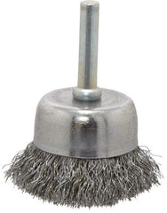 Made in USA - 1-3/4" Diam, 1/4" Shank Crimped Wire Steel Cup Brush - 0.0104" Filament Diam, 3/4" Trim Length, 13,000 Max RPM - Exact Industrial Supply