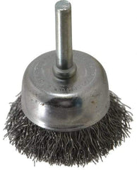 Made in USA - 1-3/4" Diam, 1/4" Shank Crimped Wire Steel Cup Brush - 0.0118" Filament Diam, 3/4" Trim Length, 13,000 Max RPM - Exact Industrial Supply