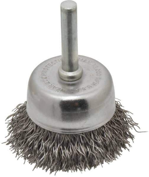 Made in USA - 1-3/4" Diam, 1/4" Shank Crimped Wire Steel Cup Brush - 0.014" Filament Diam, 3/4" Trim Length, 13,000 Max RPM - Exact Industrial Supply