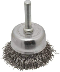 Made in USA - 1-3/4" Diam, 1/4" Shank Crimped Wire Steel Cup Brush - 0.014" Filament Diam, 3/4" Trim Length, 13,000 Max RPM - Exact Industrial Supply