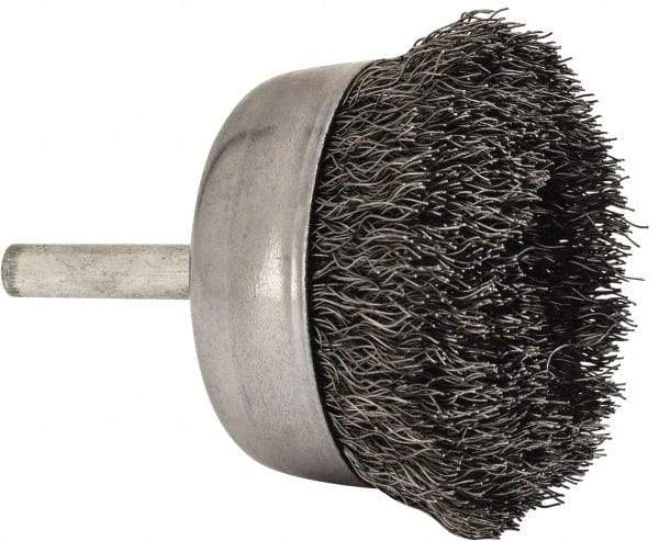 Made in USA - 2-1/4" Diam, 1/4" Shank Crimped Wire Steel Cup Brush - 0.0104" Filament Diam, 5/8" Trim Length, 13,000 Max RPM - Exact Industrial Supply