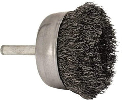Made in USA - 2-1/4" Diam, 1/4" Shank Crimped Wire Steel Cup Brush - 0.0104" Filament Diam, 5/8" Trim Length, 13,000 Max RPM - Exact Industrial Supply