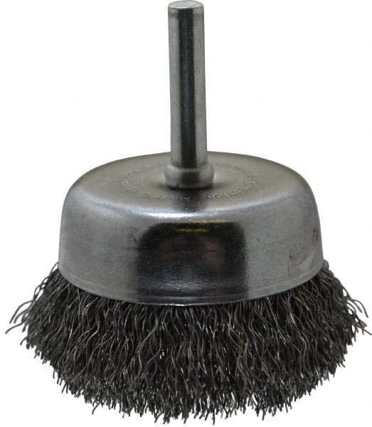 Made in USA - 2-1/4" Diam, 1/4" Shank Crimped Wire Steel Cup Brush - 0.0118" Filament Diam, 5/8" Trim Length, 13,000 Max RPM - Exact Industrial Supply