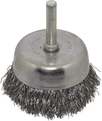 Made in USA - 2-1/4" Diam, 1/4" Shank Crimped Wire Steel Cup Brush - 0.014" Filament Diam, 5/8" Trim Length, 13,000 Max RPM - Exact Industrial Supply