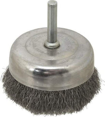 Made in USA - 2-3/4" Diam, 1/4" Shank Crimped Wire Steel Cup Brush - 0.006" Filament Diam, 7/8" Trim Length, 13,000 Max RPM - Exact Industrial Supply