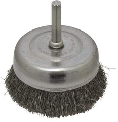Made in USA - 2-3/4" Diam, 1/4" Shank Crimped Wire Steel Cup Brush - 0.008" Filament Diam, 7/8" Trim Length, 13,000 Max RPM - Exact Industrial Supply