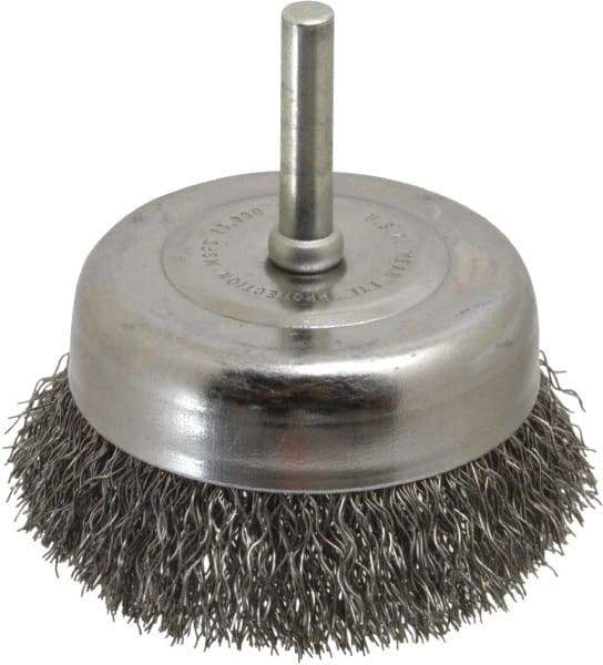 Made in USA - 2-3/4" Diam, 1/4" Shank Crimped Wire Steel Cup Brush - 0.0118" Filament Diam, 7/8" Trim Length, 13,000 Max RPM - Exact Industrial Supply