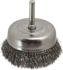 Made in USA - 2-3/4" Diam, 1/4" Shank Crimped Wire Steel Cup Brush - 0.0118" Filament Diam, 7/8" Trim Length, 13,000 Max RPM - Exact Industrial Supply