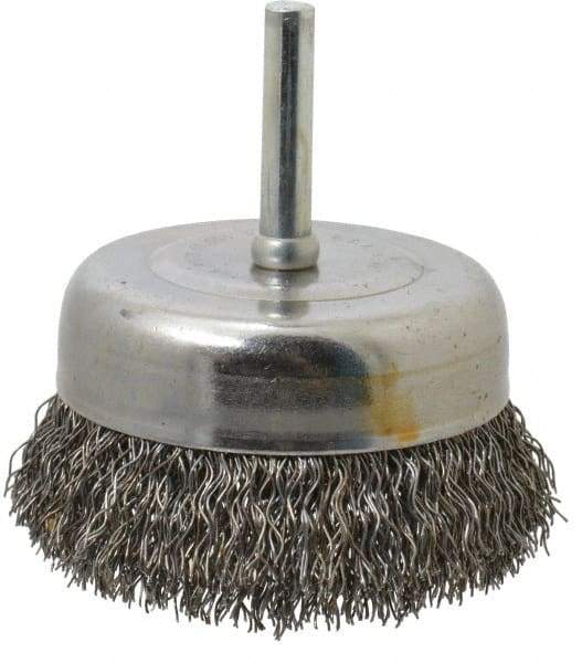 Made in USA - 2-3/4" Diam, 1/4" Shank Crimped Wire Steel Cup Brush - 0.014" Filament Diam, 7/8" Trim Length, 13,000 Max RPM - Exact Industrial Supply