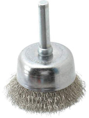 Made in USA - 1-3/4" Diam, 1/4" Shank Crimped Wire Stainless Steel Cup Brush - 0.006" Filament Diam, 3/4" Trim Length, 13,000 Max RPM - Exact Industrial Supply