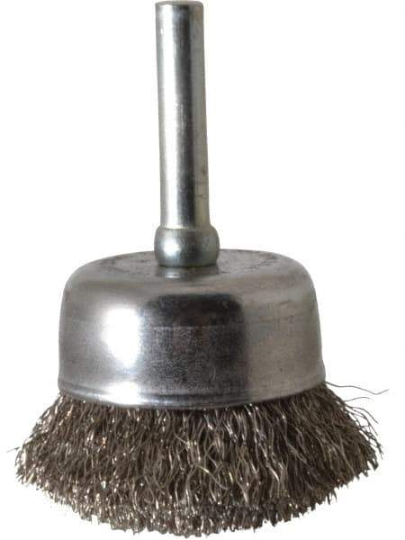 Made in USA - 1-3/4" Diam, 1/4" Shank Crimped Wire Stainless Steel Cup Brush - 0.008" Filament Diam, 3/4" Trim Length, 13,000 Max RPM - Exact Industrial Supply