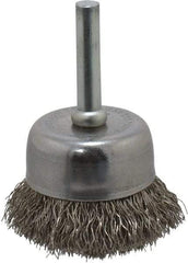 Made in USA - 1-3/4" Diam, 1/4" Shank Crimped Wire Stainless Steel Cup Brush - 0.0104" Filament Diam, 3/4" Trim Length, 13,000 Max RPM - Exact Industrial Supply