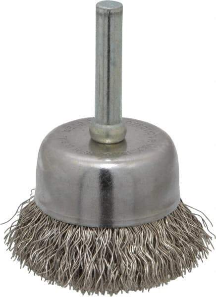Made in USA - 1-3/4" Diam, 1/4" Shank Crimped Wire Stainless Steel Cup Brush - 0.0118" Filament Diam, 3/4" Trim Length, 13,000 Max RPM - Exact Industrial Supply