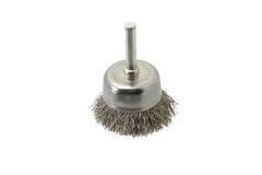 Made in USA - 1-3/4" Diam, 1/4" Shank Crimped Wire Stainless Steel Cup Brush - 0.014" Filament Diam, 3/4" Trim Length, 13,000 Max RPM - Exact Industrial Supply