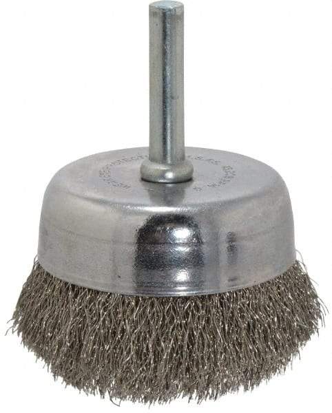 Made in USA - 2-1/4" Diam, 1/4" Shank Crimped Wire Stainless Steel Cup Brush - 0.008" Filament Diam, 5/8" Trim Length, 13,000 Max RPM - Exact Industrial Supply