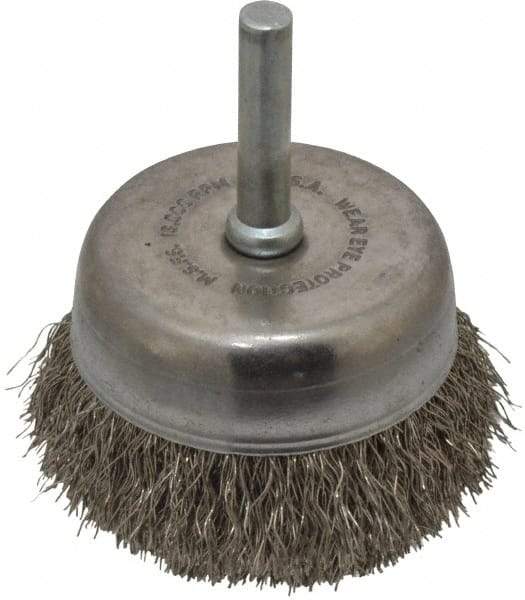 Made in USA - 2-1/4" Diam, 1/4" Shank Crimped Wire Stainless Steel Cup Brush - 0.0104" Filament Diam, 5/8" Trim Length, 13,000 Max RPM - Exact Industrial Supply