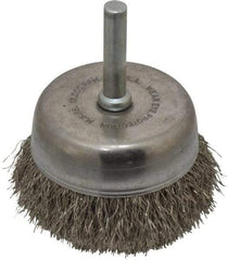 Made in USA - 2-1/4" Diam, 1/4" Shank Crimped Wire Stainless Steel Cup Brush - 0.0104" Filament Diam, 5/8" Trim Length, 13,000 Max RPM - Exact Industrial Supply