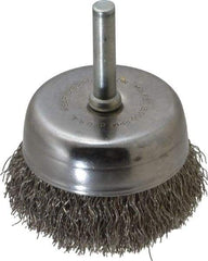 Made in USA - 2-1/4" Diam, 1/4" Shank Crimped Wire Stainless Steel Cup Brush - 0.0118" Filament Diam, 5/8" Trim Length, 13,000 Max RPM - Exact Industrial Supply