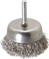 Made in USA - 2-1/4" Diam, 1/4" Shank Crimped Wire Stainless Steel Cup Brush - 0.014" Filament Diam, 5/8" Trim Length, 13,000 Max RPM - Exact Industrial Supply