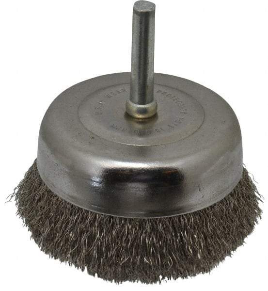 Made in USA - 2-3/4" Diam, 1/4" Shank Crimped Wire Stainless Steel Cup Brush - 0.008" Filament Diam, 5/8" Trim Length, 13,000 Max RPM - Exact Industrial Supply