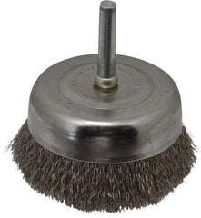 Made in USA - 2-3/4" Diam, 1/4" Shank Crimped Wire Stainless Steel Cup Brush - 0.008" Filament Diam, 5/8" Trim Length, 13,000 Max RPM - Exact Industrial Supply