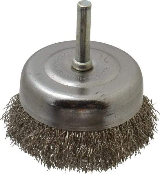 Made in USA - 2-3/4" Diam, 1/4" Shank Crimped Wire Stainless Steel Cup Brush - 0.0118" Filament Diam, 7/8" Trim Length, 13,000 Max RPM - Exact Industrial Supply
