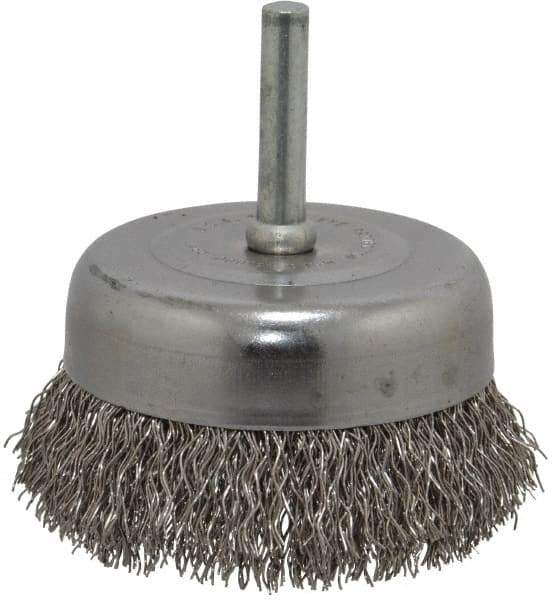 Made in USA - 2-3/4" Diam, 1/4" Shank Crimped Wire Stainless Steel Cup Brush - 0.014" Filament Diam, 7/8" Trim Length, 13,000 Max RPM - Exact Industrial Supply